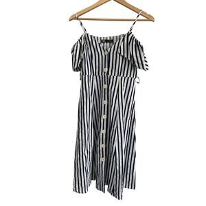 Zara Blue White Striped Cold Shoulder Button Up Linen Blend Sundress Womens XS
